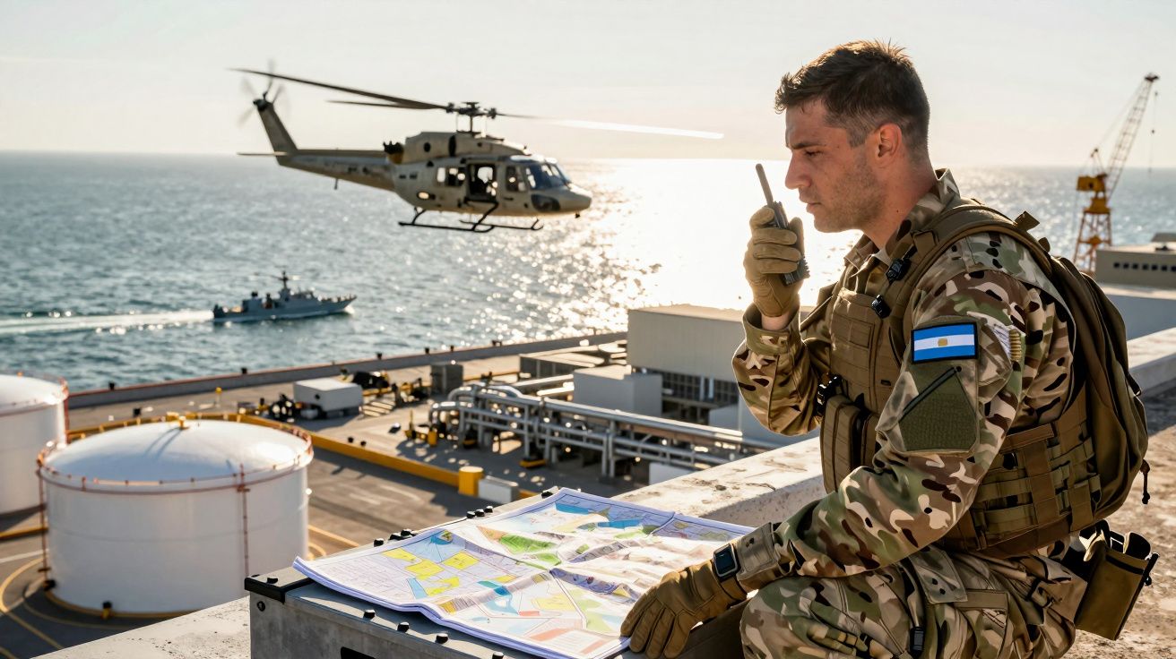 Soldado em uniforme camuflado usa rádio ao lado de mapa com helicóptero e mar ao fundo.