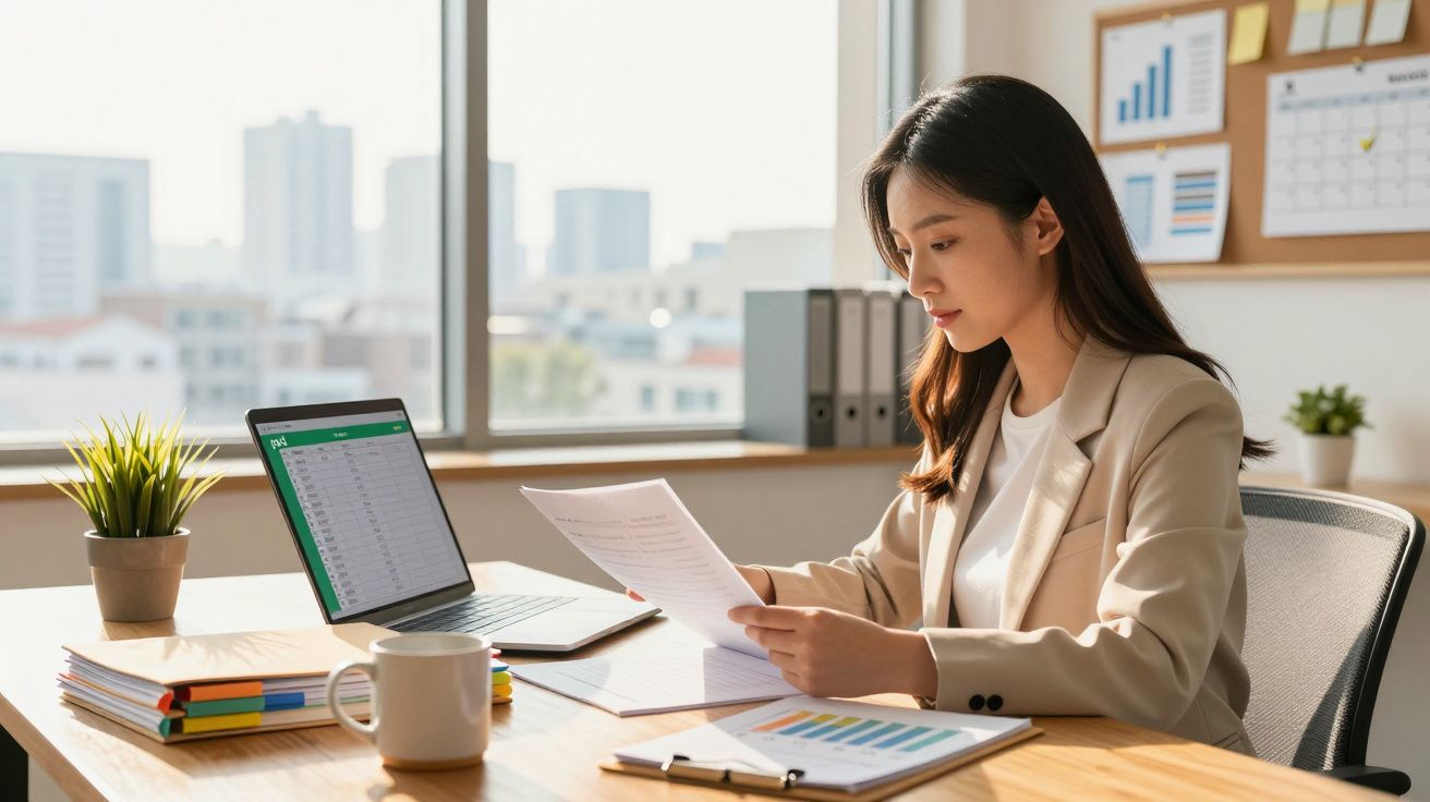 Mulher a trabalhar no escritório com documentos, laptop e gráficos numa secretária iluminada pela luz natural.