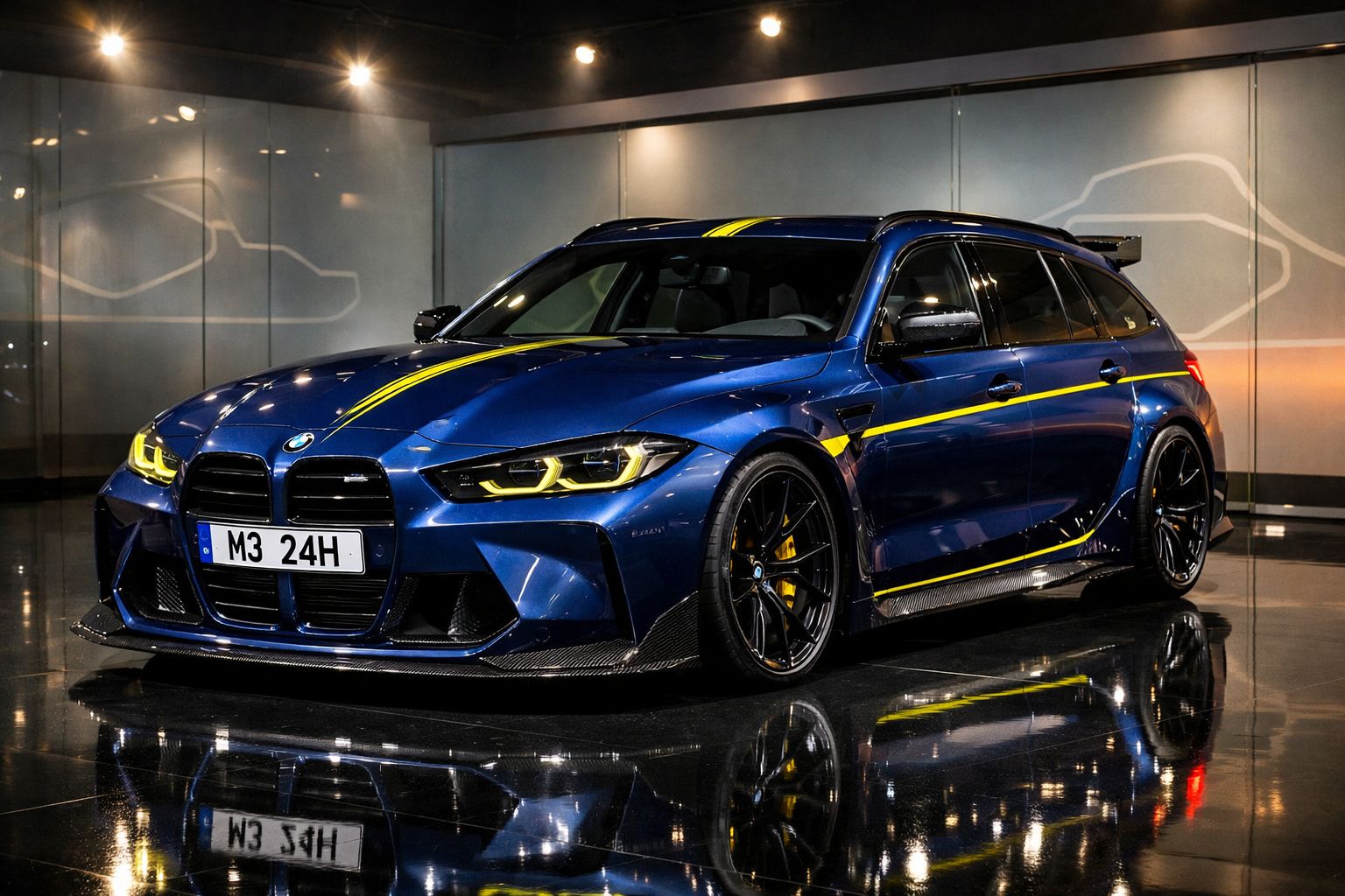 Carro desportivo BMW azul metálico com detalhes amarelos estacionado num piso refletor e parede cinzenta.