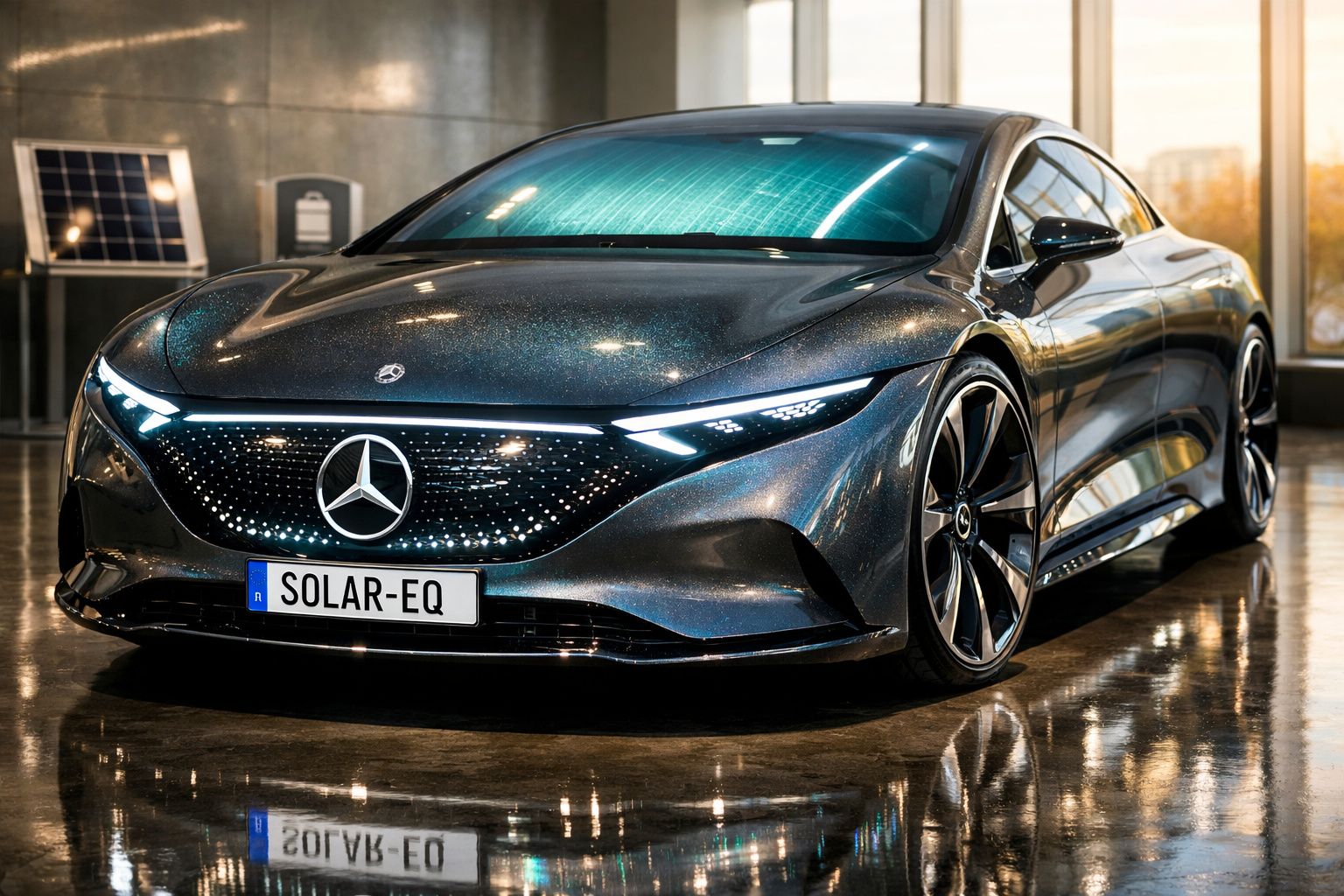 Carro elétrico Mercedes-Benz preto modelo Solar-EQ estacionado em espaço interior moderno.