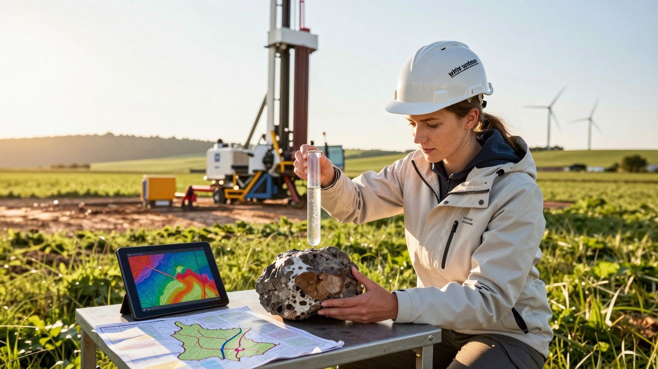 Mulher com capacete branco analisa amostra de rocha com tubo de ensaio em campo aberto com turbinas eólicas ao fundo.
