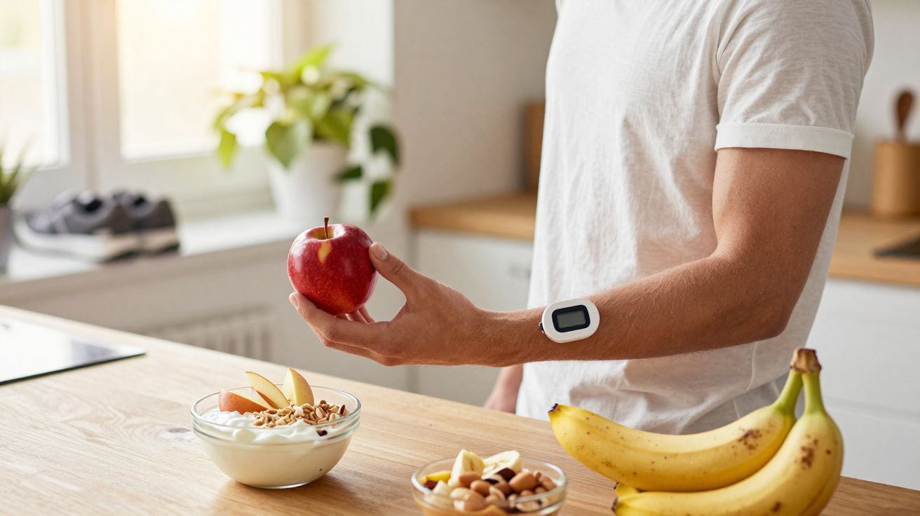 Pessoa com monitor de glicose na mão segurando uma maçã, com bananas, frutos secos e iogurte na mesa.