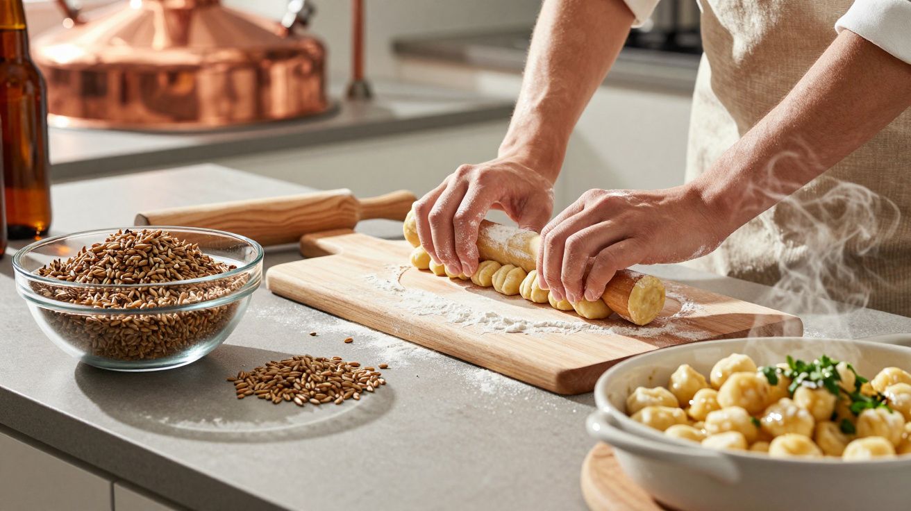 Mãos a enrolar massa para nhoques numa tábua, com nhoques e ingredientes numa bancada de cozinha.
