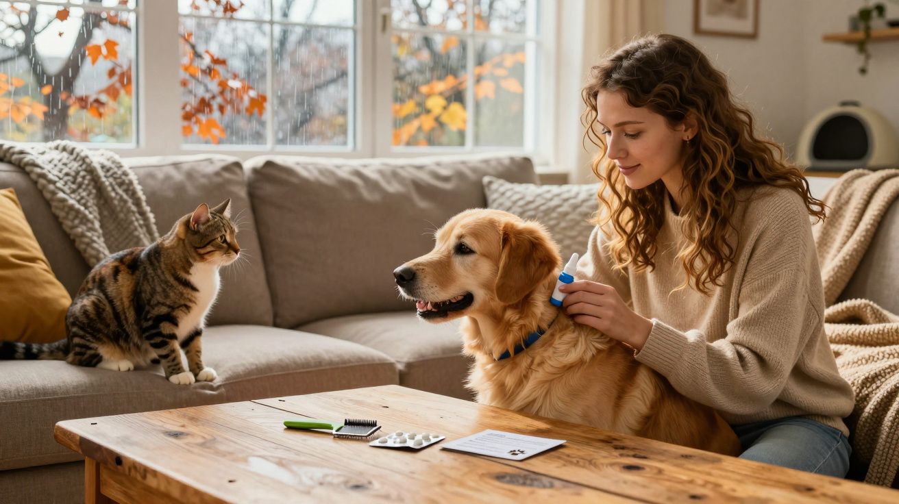 Mulher a aplicar tratamento antipulgas em cão dourado, gato observa, sala com luz natural e sofá cinza.