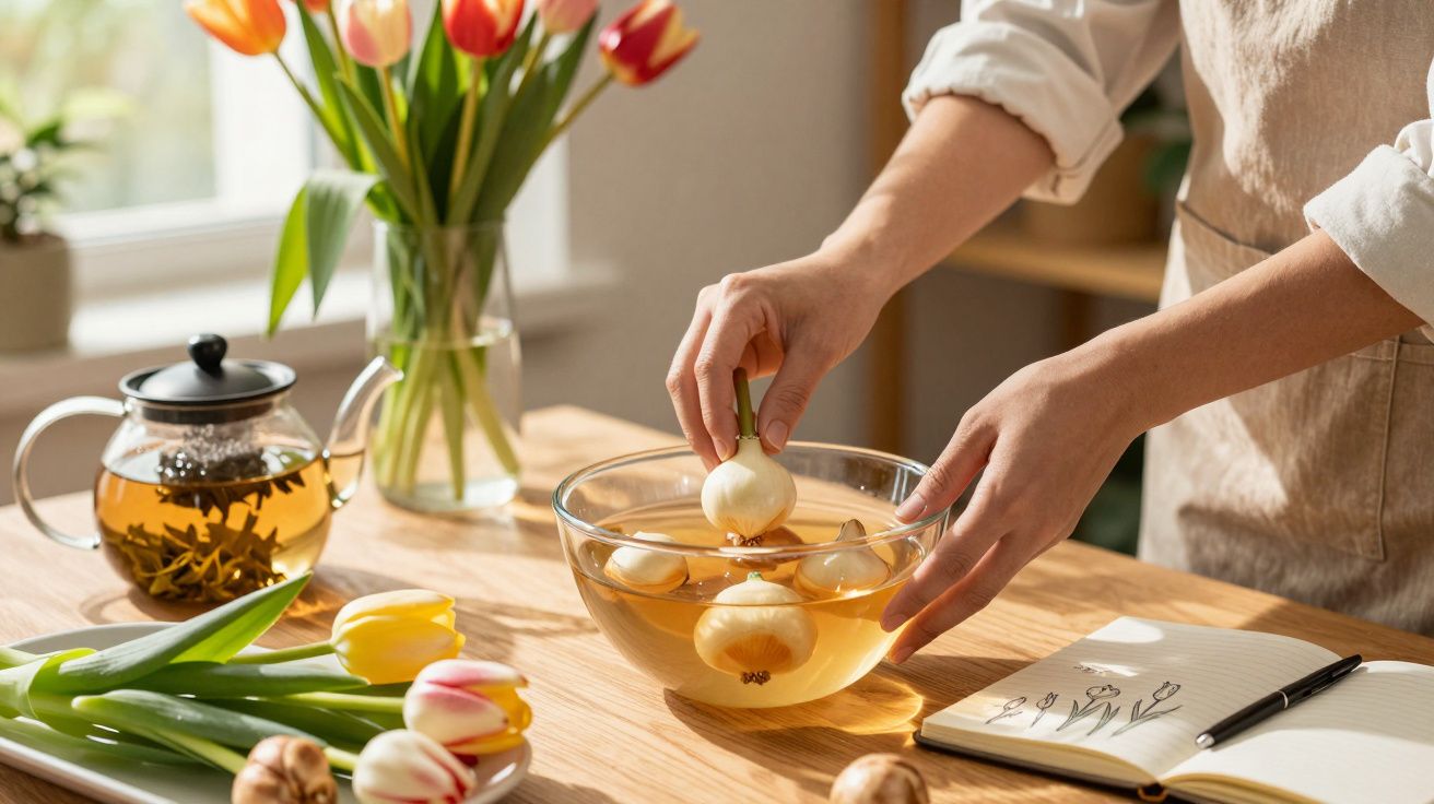 Pessoa a mergulhar cebolas em água numa tigela transparente, com chá e tulipas numa mesa de madeira.