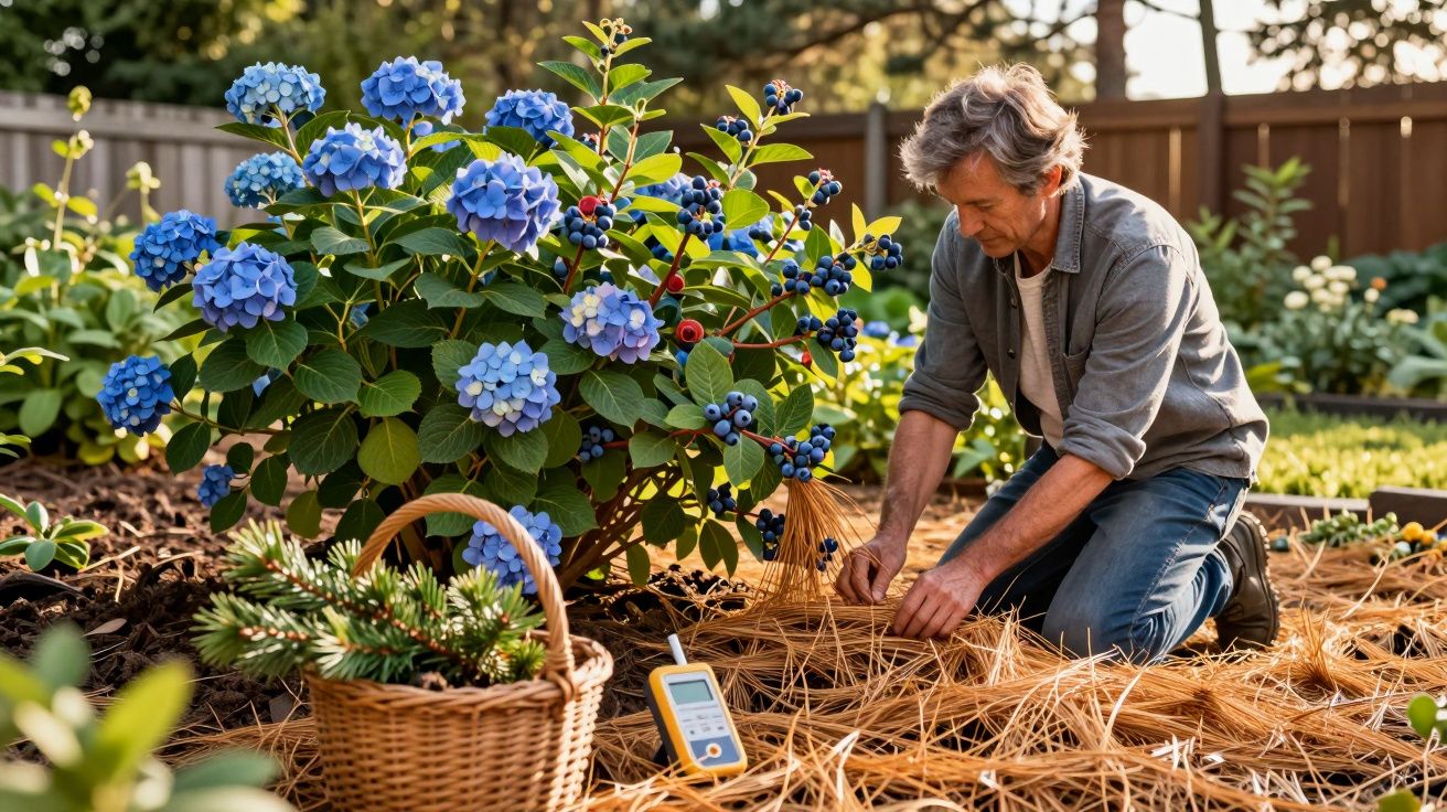 Homem a cuidar de um jardim com flores azuis e fruteiras, usando palha para cobertura do solo.