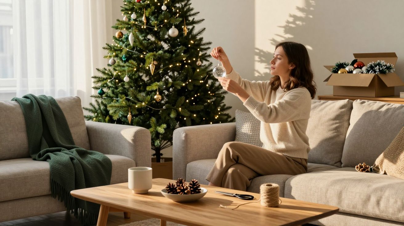 Mulher a decorar a árvore de Natal numa sala iluminada com sofá e mesa de madeira.