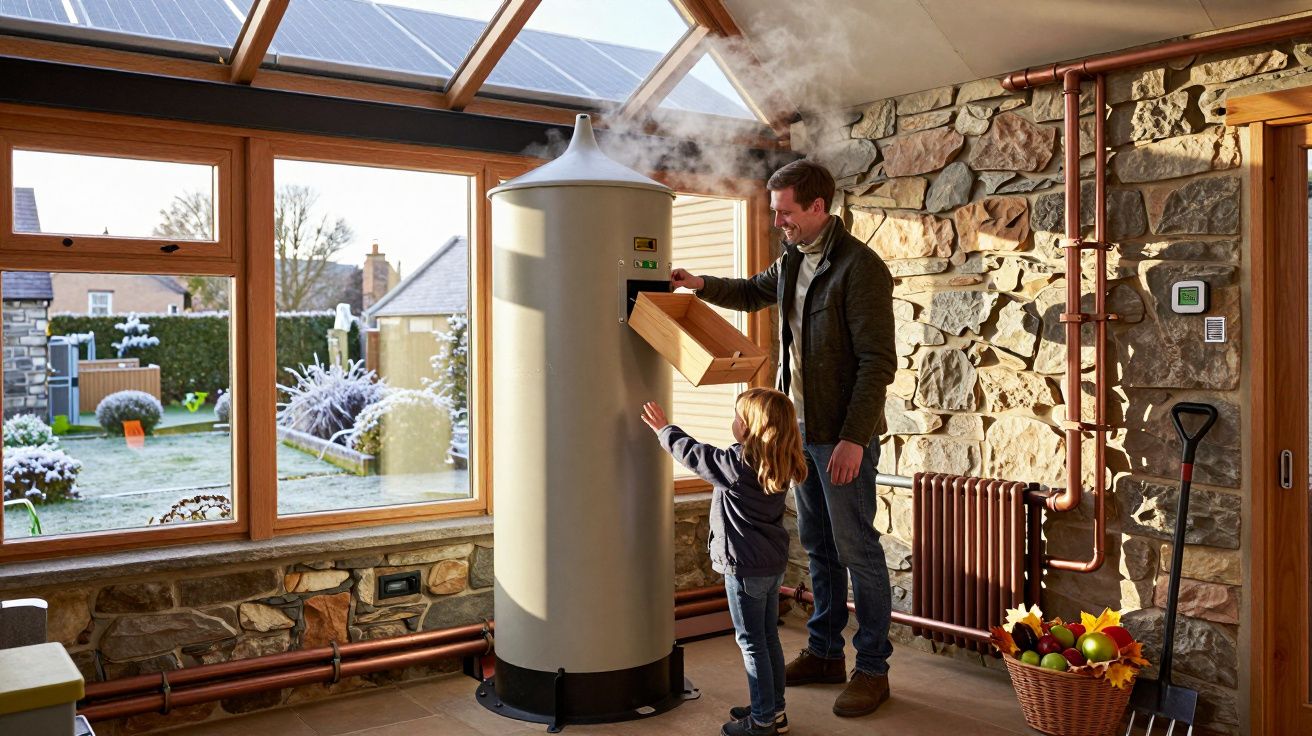 Homem e criança perto de máquina a vapor numa divisão com paredes de pedra e janelas grandes.