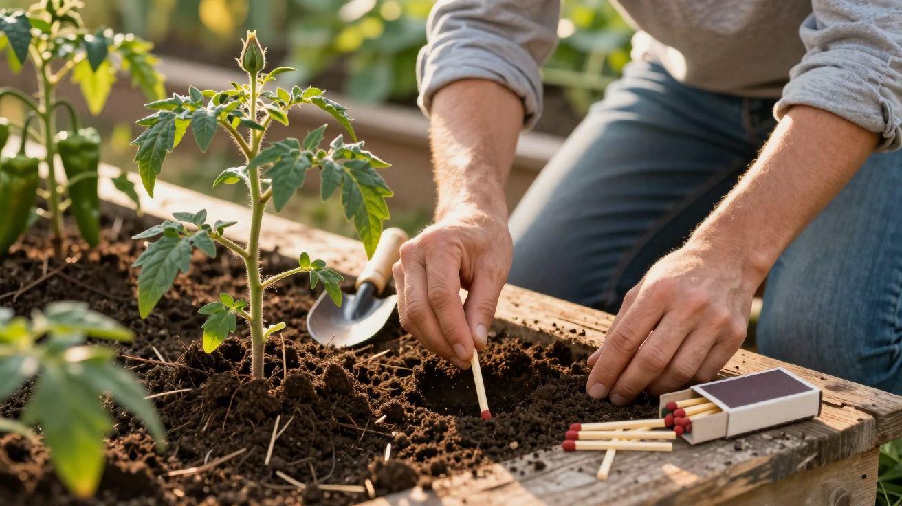 Pessoa a plantar sementes em terra num jardim elevado, com muda de tomate ao lado.