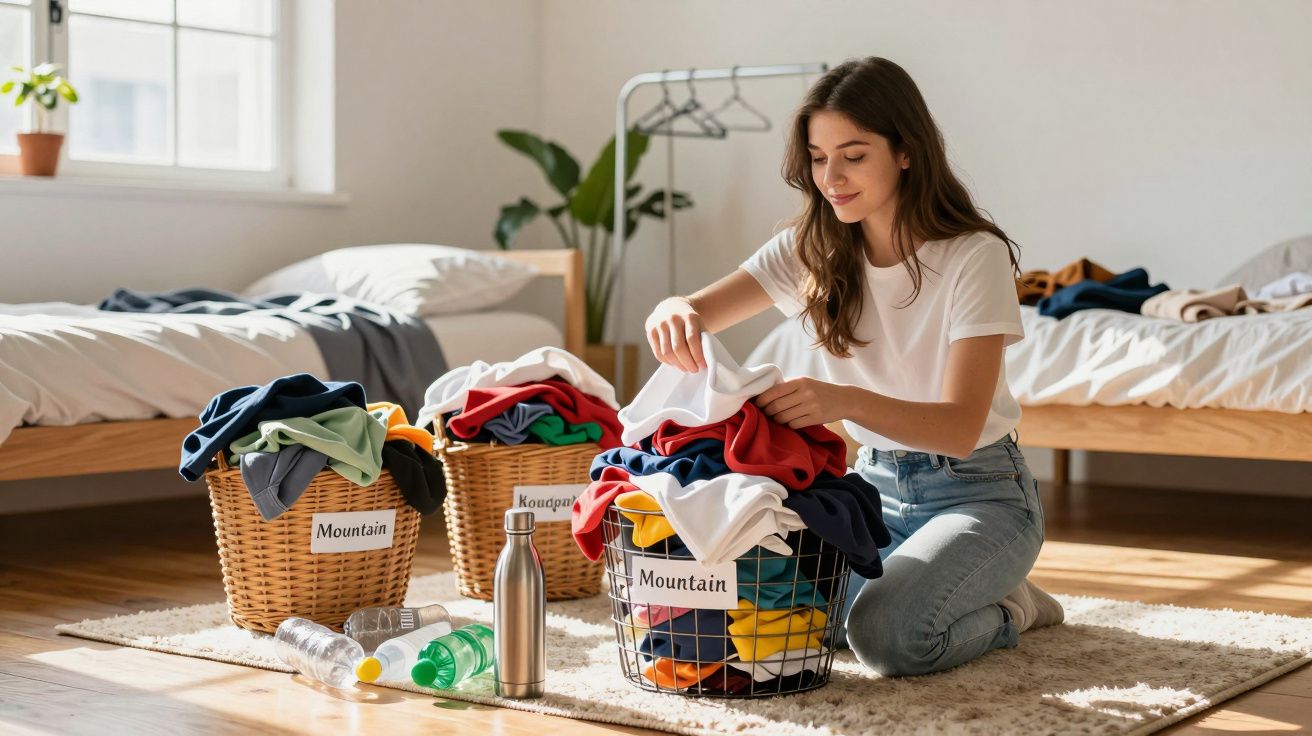 Mulher sentada no chão a organizar roupas em cestos num quarto iluminado e arejado.
