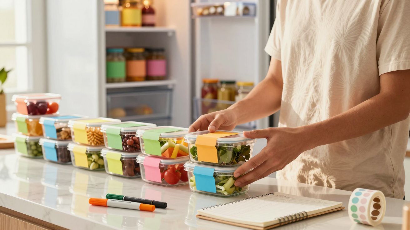 Pessoa a organizar marmitas com etiquetas coloridas na cozinha, com frigorífico aberto ao fundo.
