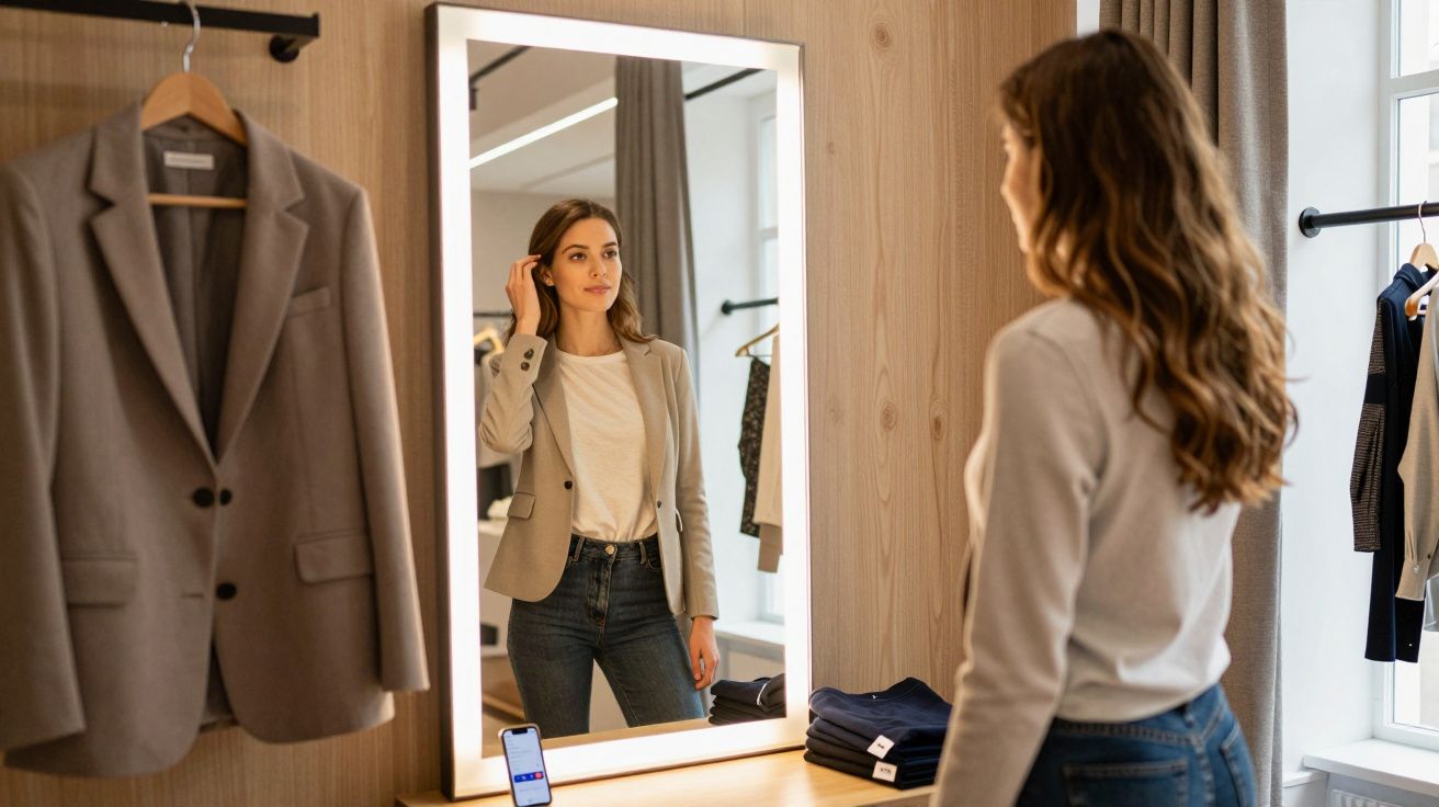 Mulher a olhar para o espelho numa loja de roupa, com blazer cinzento e jeans azuis.