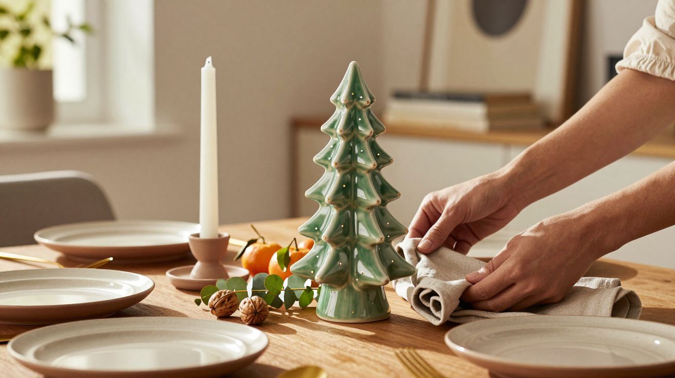 Mesa de madeira decorada com mini árvore de Natal, velas, frutos secos e mãos a preparar guardanapo.