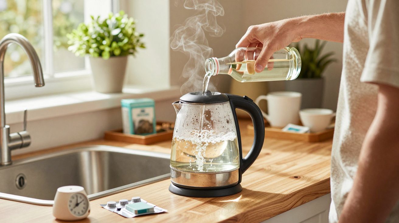 Pessoa a verter água numa chaleira elétrica numa cozinha iluminada, com vapor a sair.