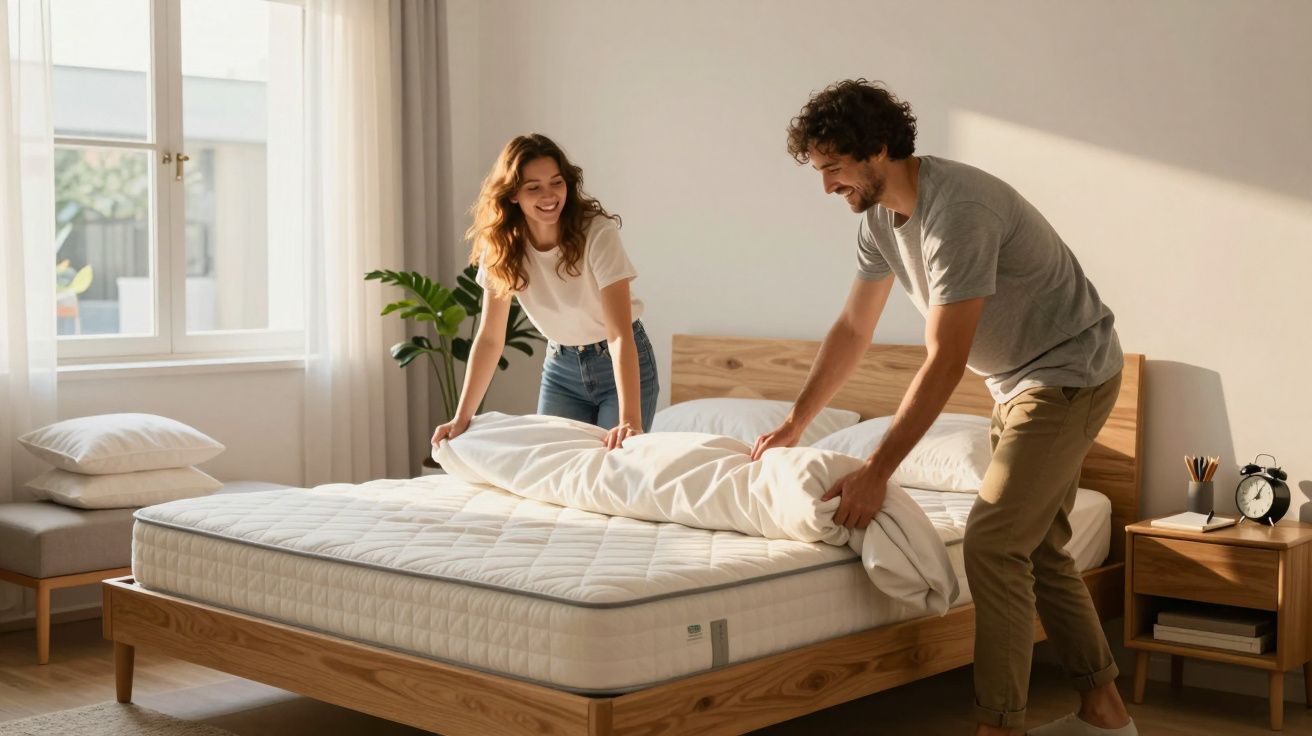 Casal jovem a arrumar a cama num quarto iluminado e decorado com móveis de madeira clara.
