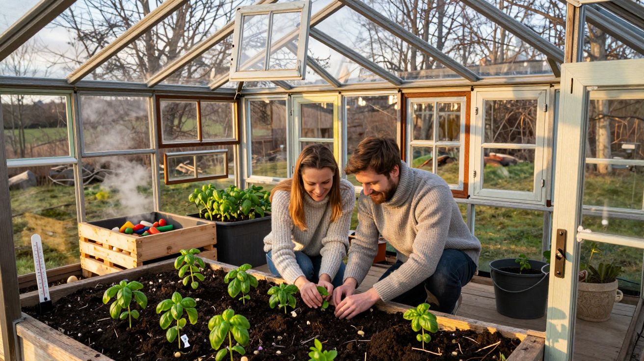 Casal a cuidar de plantas num canteiro dentro de uma estufa de vidro ao entardecer.