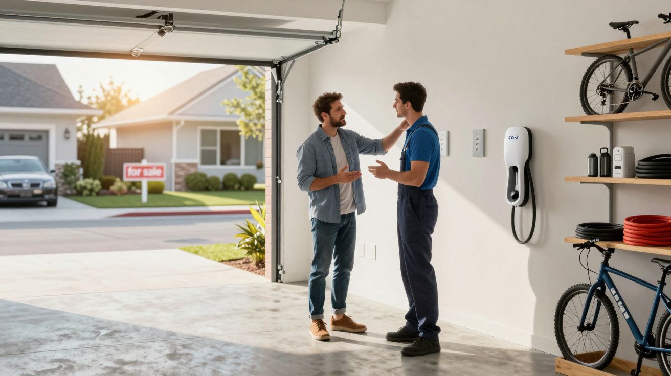 Dois homens conversam numa garagem com uma bicicleta e um carregador de carro elétrico instalados na parede.