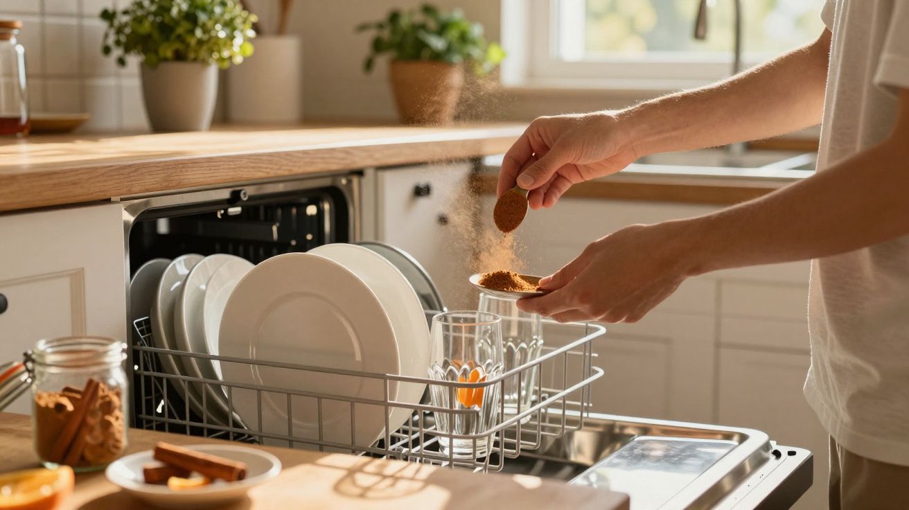 Pessoa a colocar tablete de chocolate em copo dentro de máquina de lavar loiça na cozinha.