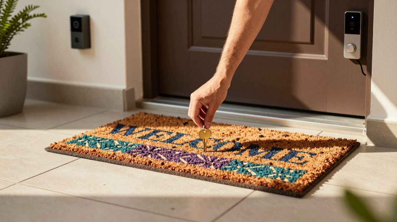 Pessoa a deixar chave no tapete de boas-vindas à porta de casa com campainha inteligente.