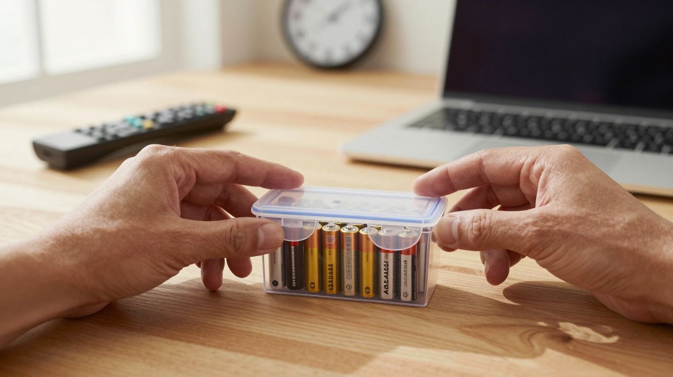 Mãos a fechar caixa transparente com pilhas AA numa mesa com computador portátil e comando à distância ao fundo.