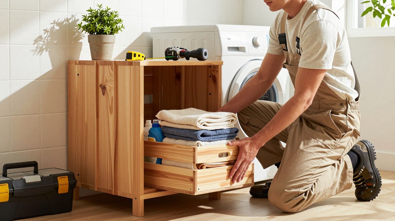 Pessoa arrumando toalhas e produtos de limpeza numa gaveta de madeira junto a uma máquina de lavar roupa.