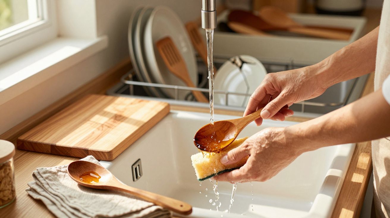 Pessoa a lavar uma colher de pau com esponja em lava-loiça junto a janela numa cozinha iluminada.