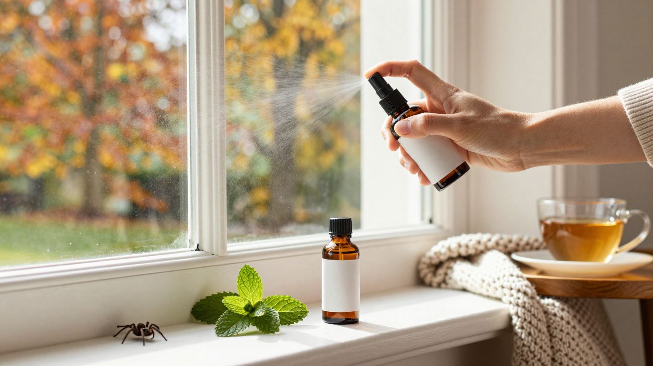 Mão a borrifar repelente de insetos numa janela, próximo de uma aranha e folhas de hortelã.