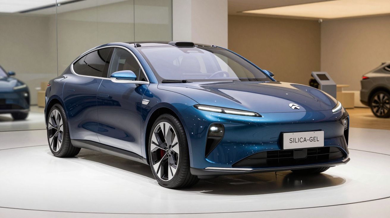 Carro elétrico desportivo azul exposto em sala moderna com controlo aerodinâmico no tejadilho.