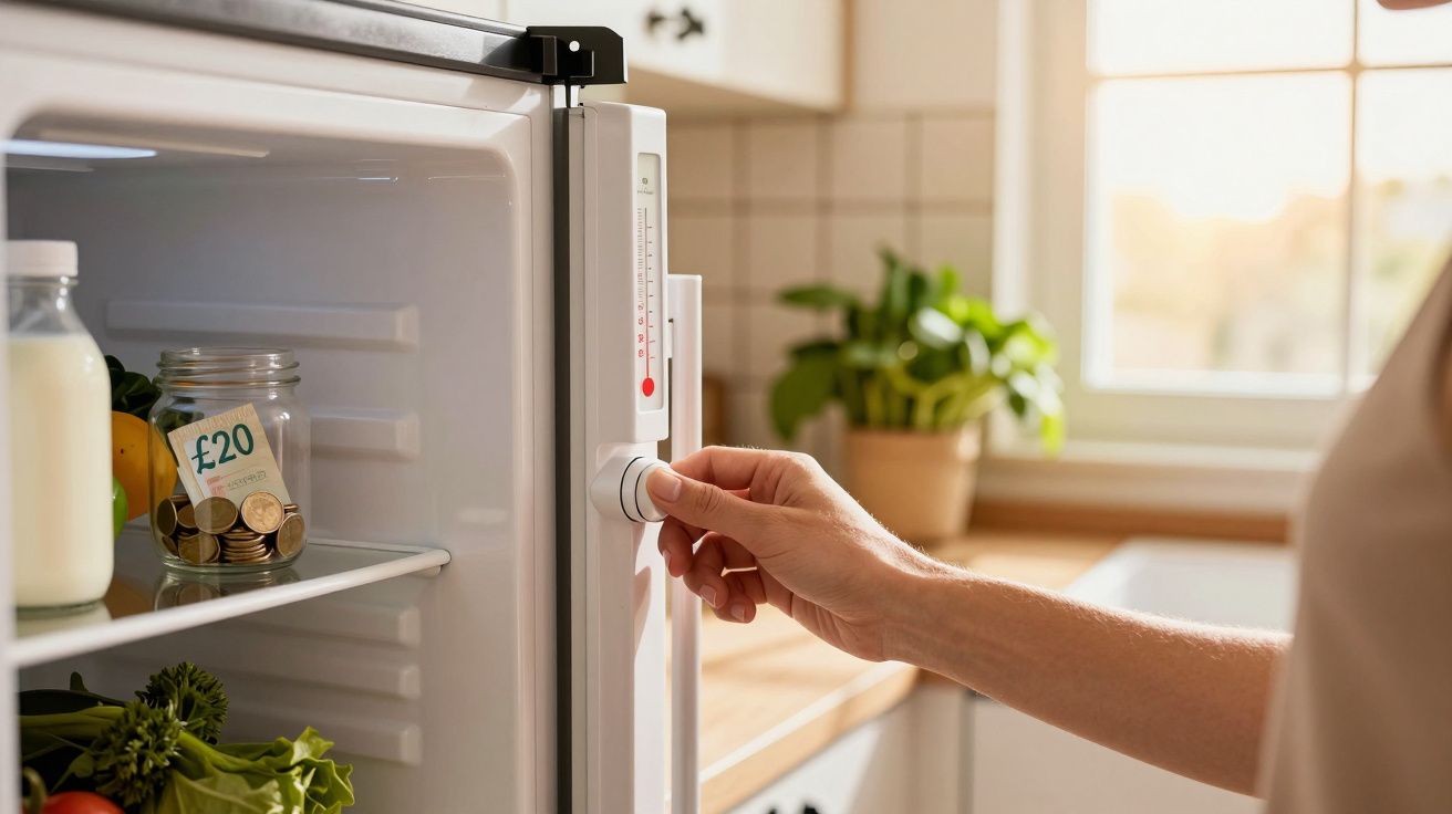 Pessoa a ajustar a temperatura do frigorífico aberto, com frascos e legumes visíveis no interior.