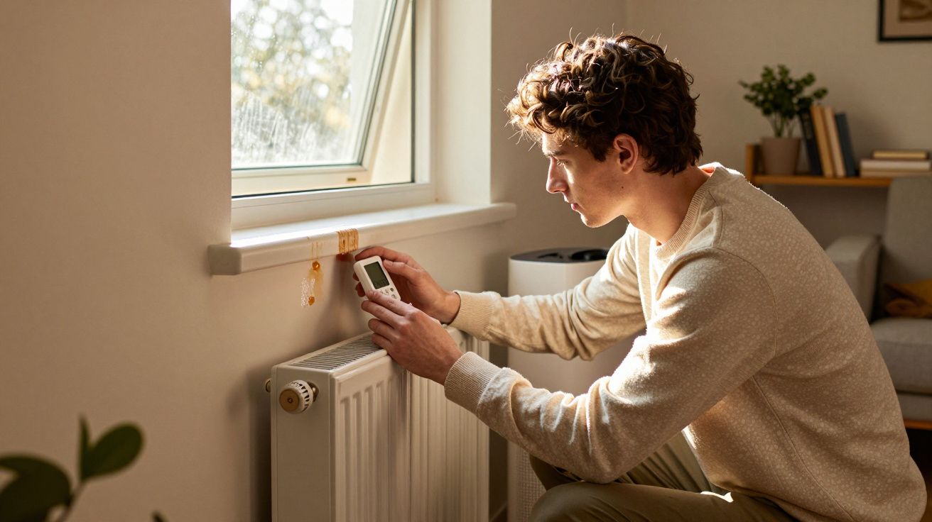 Homem ajusta termóstato digital num radiador junto à janela numa sala iluminada pela luz natural.