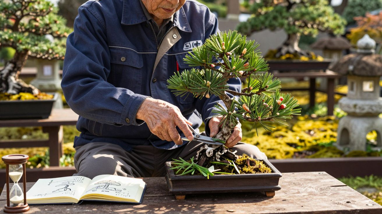 Homem a podar um bonsai numa mesa de madeira, com livro e ampulheta ao lado, em jardim.