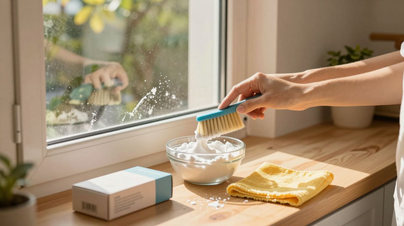 Pessoa a limpar uma janela com escova e pasta de limpeza num interior iluminado pelo sol.