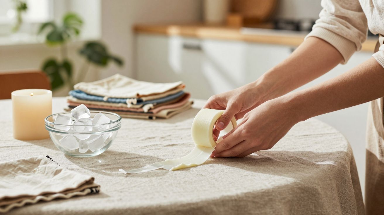Mãos a aplicar fita adesiva numa toalha sobre uma mesa com vela, agrupamento de panos e taça com gelo.
