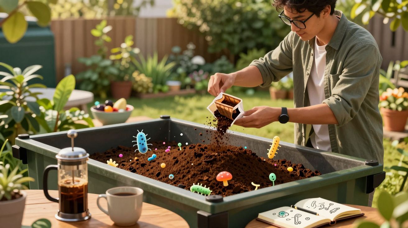 Pessoa de óculos a deitar café usado num tabuleiro grande com terra para compostagem no jardim, com ilustrações de microrgani