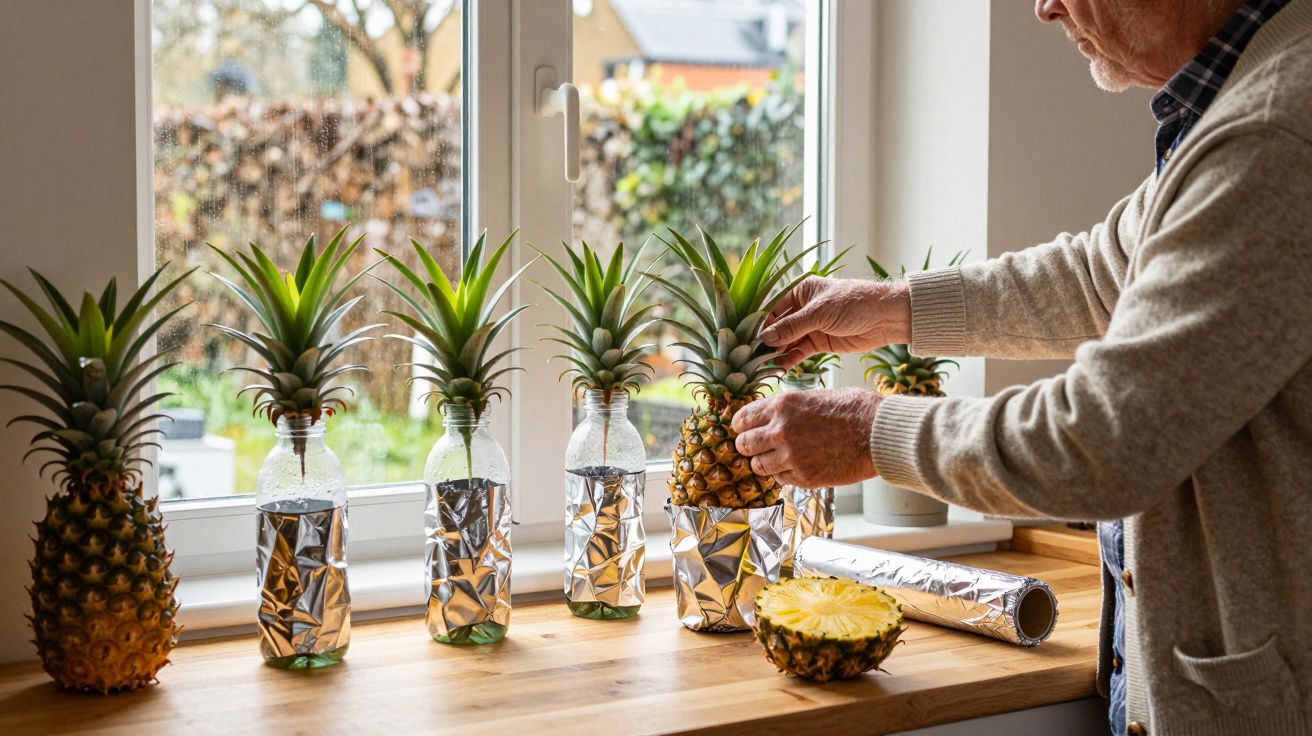 Homem prepara coroas de ananás para enraizarem em garrafas com água junto à janela.