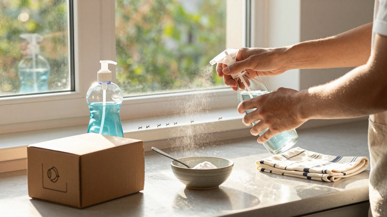 Pessoa a pulverizar solução doméstica numa bancada junto a uma janela com produtos de limpeza.