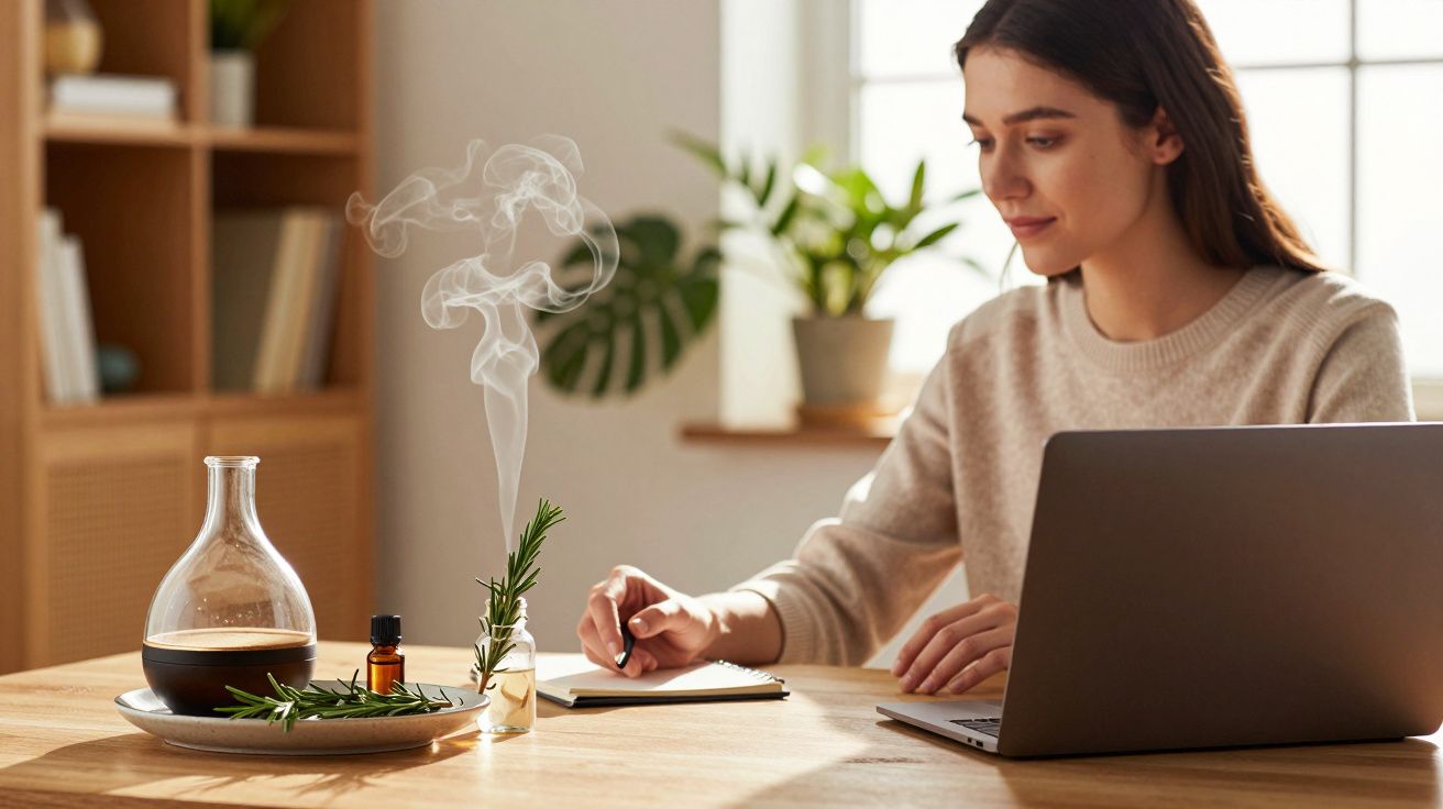Mulher a escrever num caderno junto a um portátil, com aroma de incenso e plantas na mesa iluminada pela luz natural.