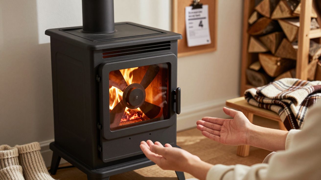 Pessoa aquece as mãos junto a salamandra a lenha acesa numa sala acolhedora.