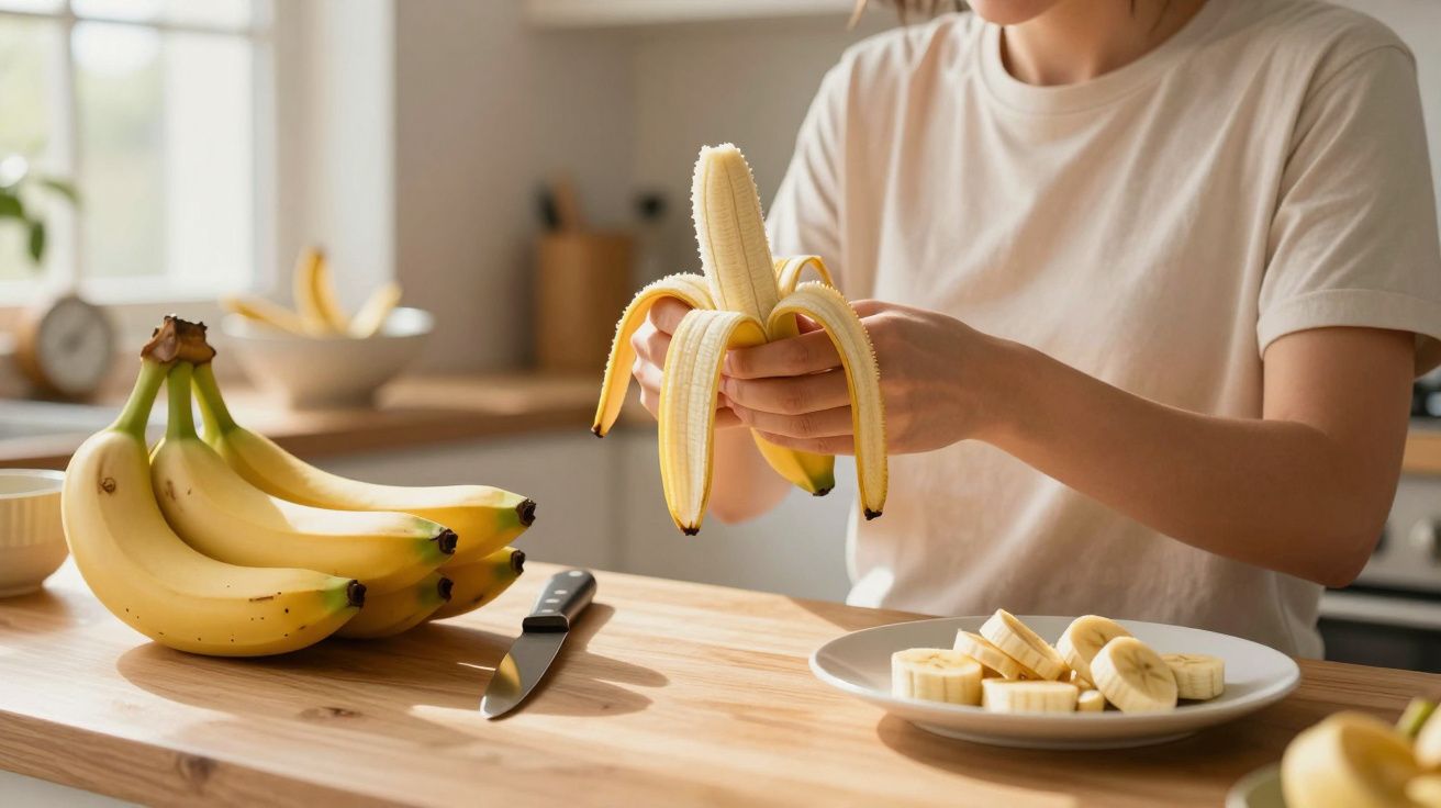 Pessoa a descascar uma banana junto a um prato com fatias de banana numa cozinha iluminada.