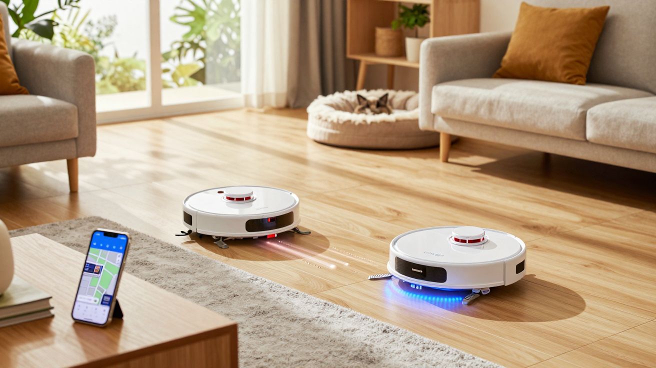 Sala de estar com chão de madeira, dois robots aspiradores a funcionar e telemóvel com app aberta numa mesa.