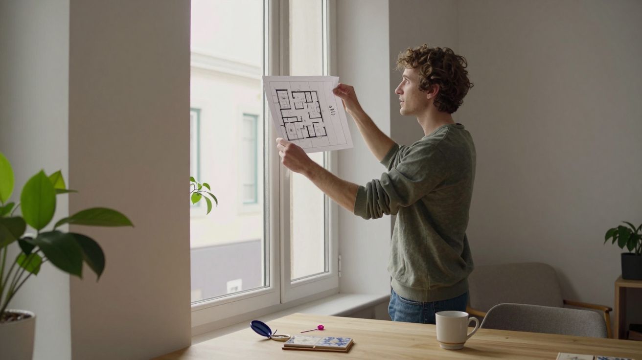 Jovem observa planta arquitetónica junto a janela numa sala com mesa, plantas e cadeira.