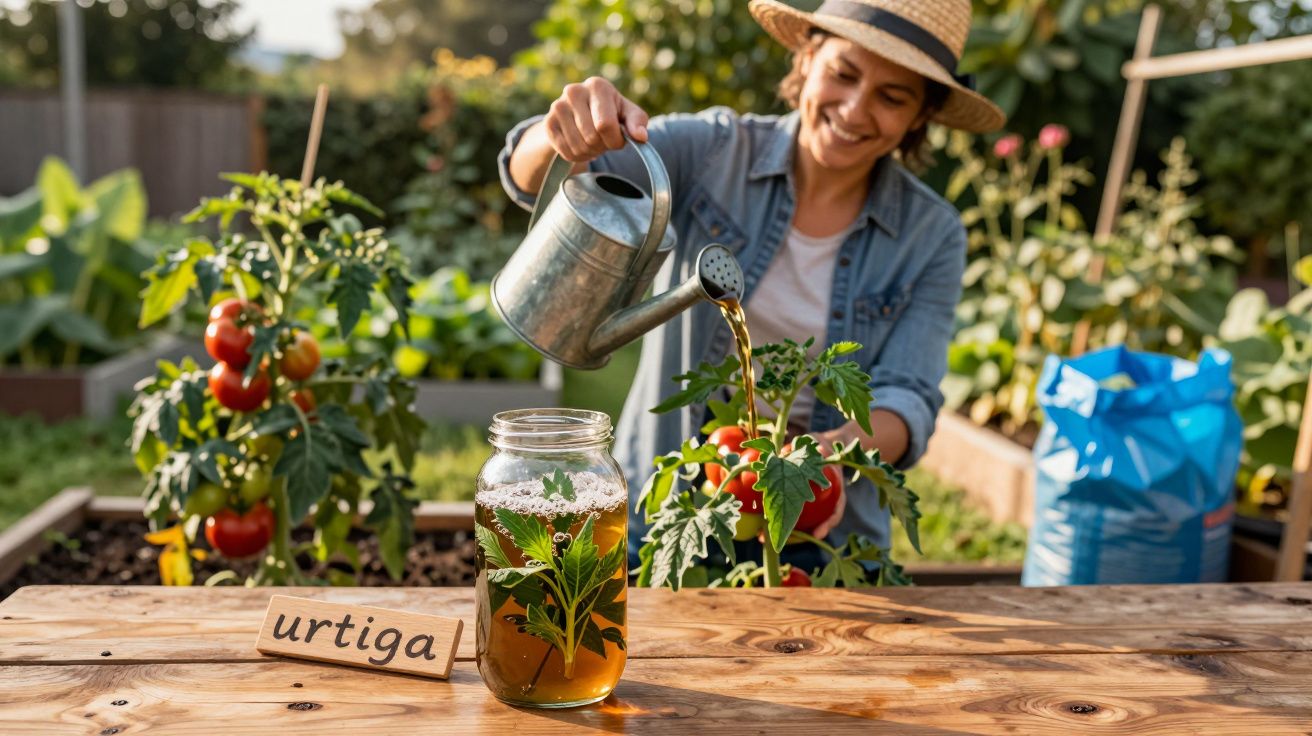 Pessoa a regar planta de tomate num jardim, com frasco de infusão de urtiga em primeiro plano.