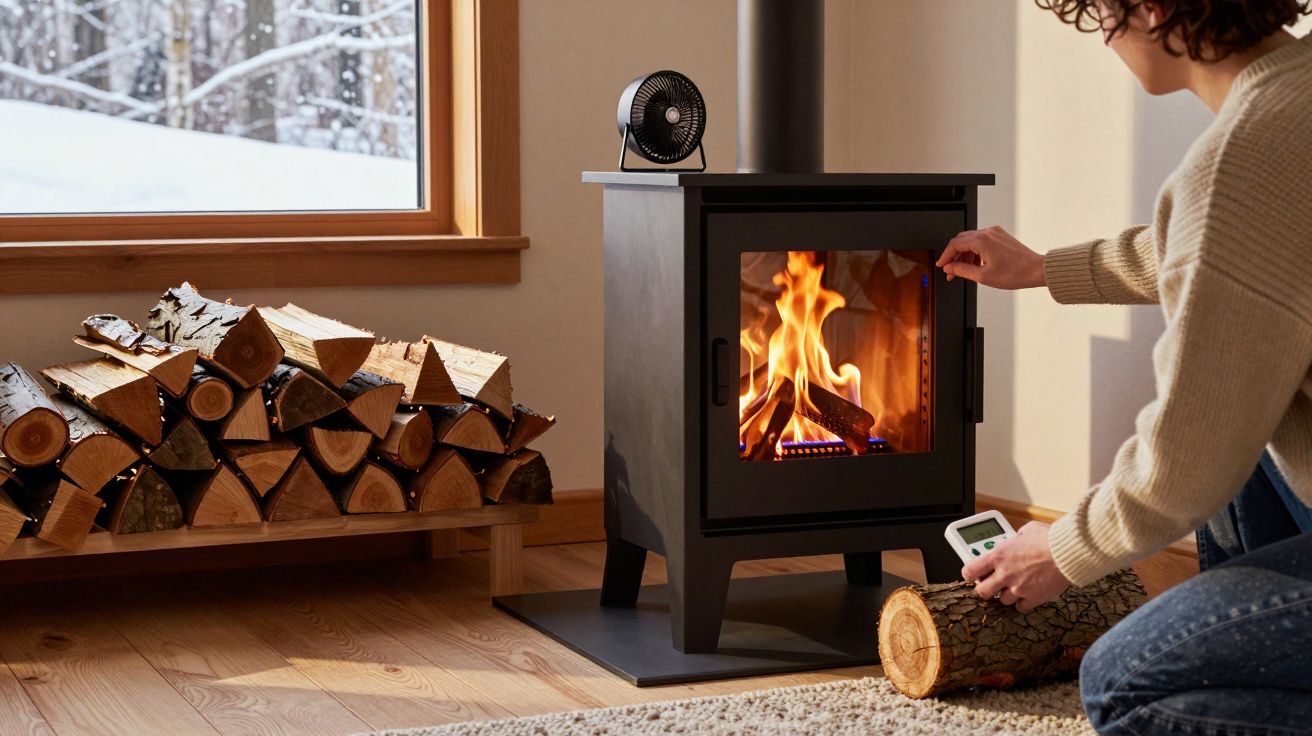 Pessoa acende lareira a lenha numa sala com janela para paisagem nevada.