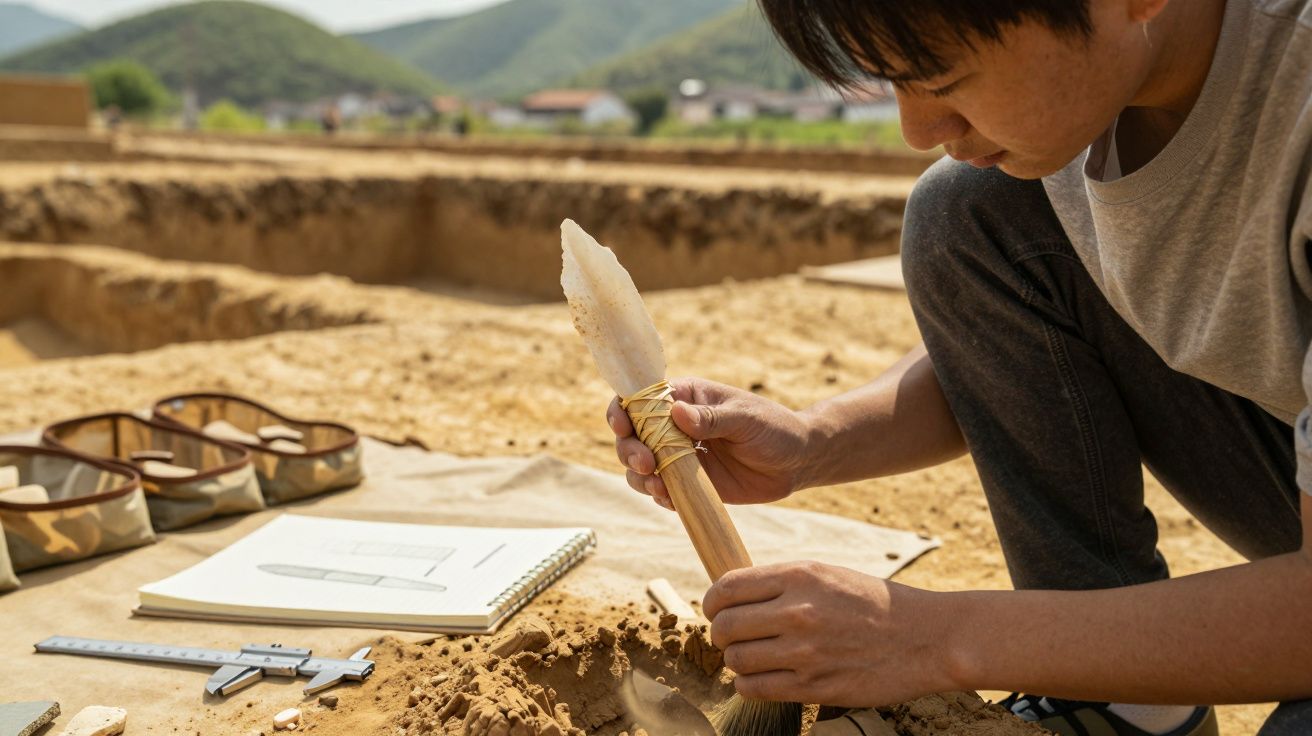 Pessoa a escavar e examinar uma ferramenta de pedra num sítio arqueológico ao ar livre.