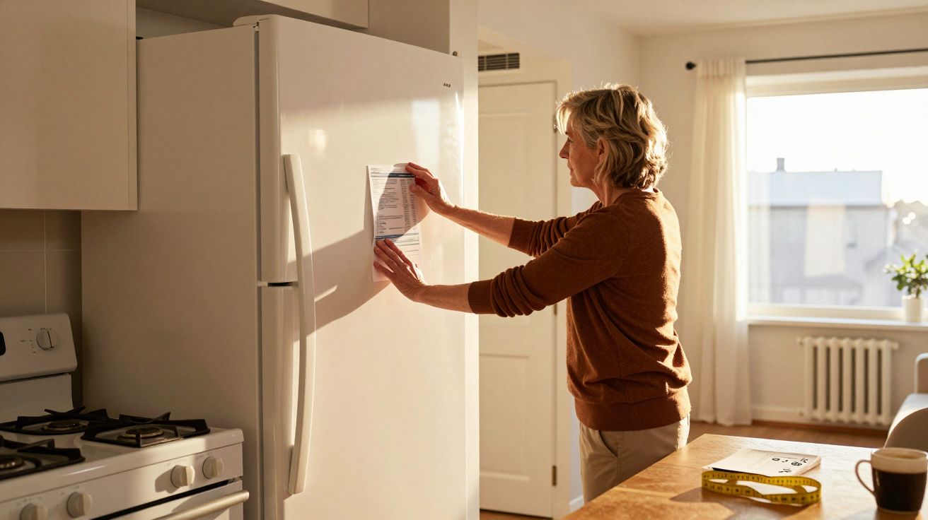 Mulher a colocar um papel na porta de um frigorífico branco numa cozinha iluminada pelo sol.