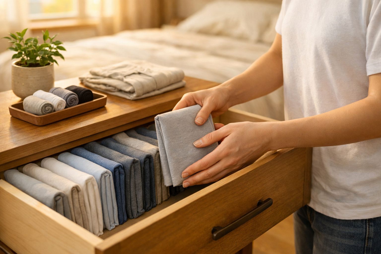 Pessoa a organizar roupas dobradas em gaveta de madeira numa divisão com luz natural.