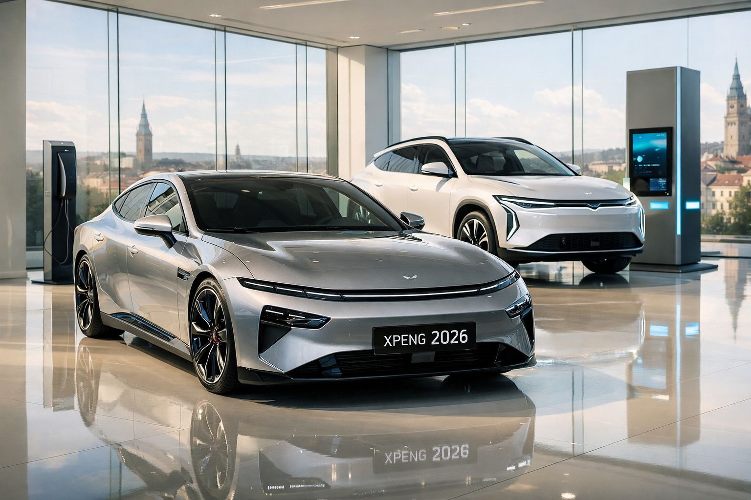 Dois carros elétricos modernos XPENG 2026 expostos em showroom com vidros grandes e vista urbana ao fundo.
