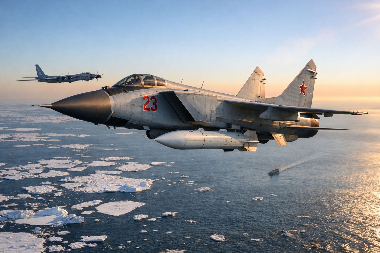 Aviões militares russos a sobrevoar o mar com blocos de gelo ao pôr do sol.