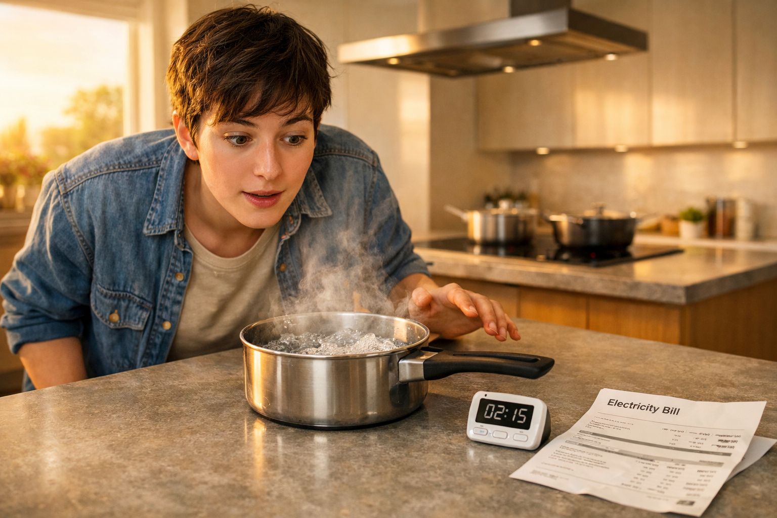 Pessoa observando panela a ferver na cozinha, com temporizador e fatura de eletricidade sobre a bancada.