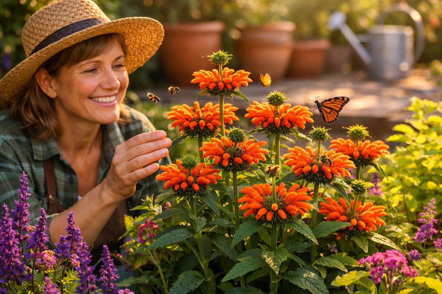 Mulher sorridente com chapéu a cuidar de flores laranja rodeada por abelhas e uma borboleta num jardim iluminado.